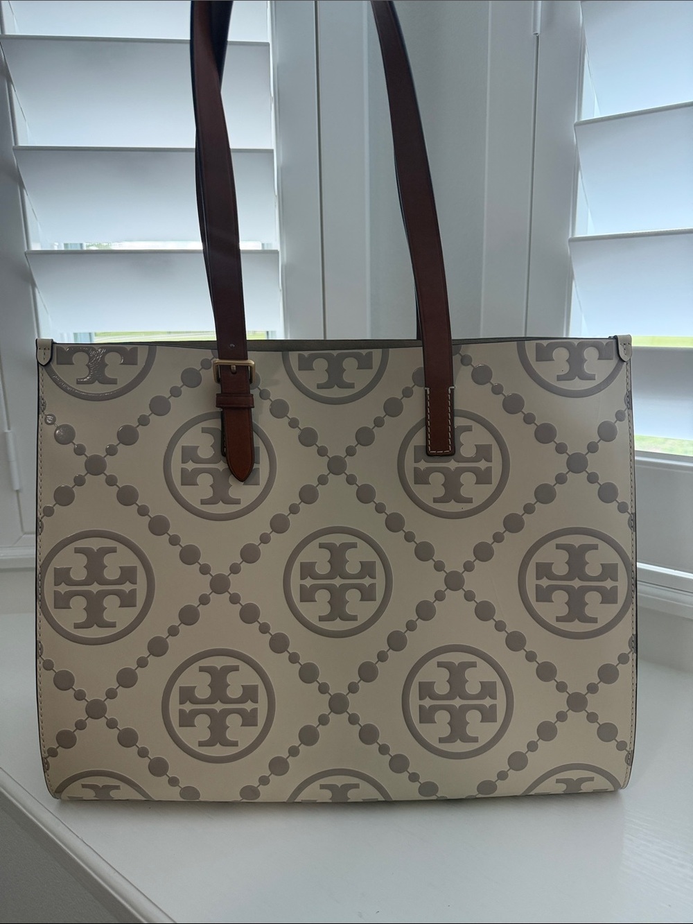 Tory Burch Cream Tote with Taupe Logo Pattern and Brown Straps